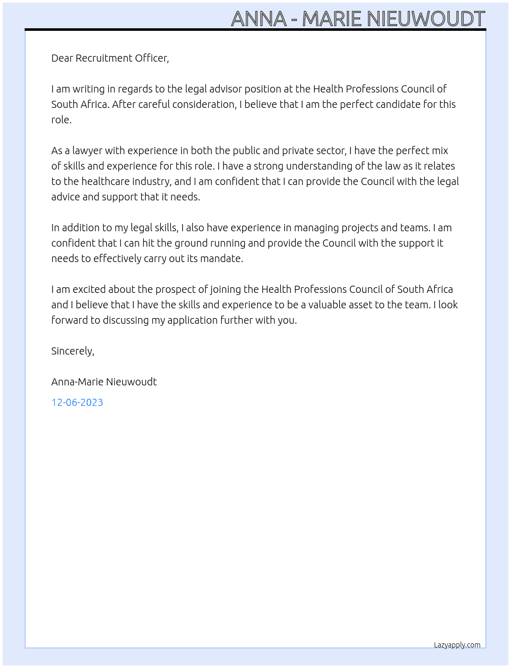 legal adivsor At Health Professions Council of South Africa Cover Letter