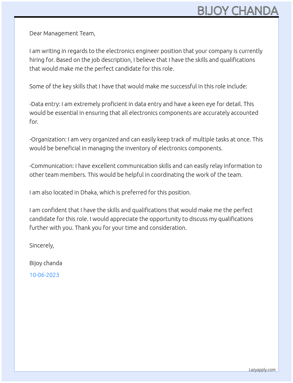 Electronics engineer At Electronics company Cover Letter