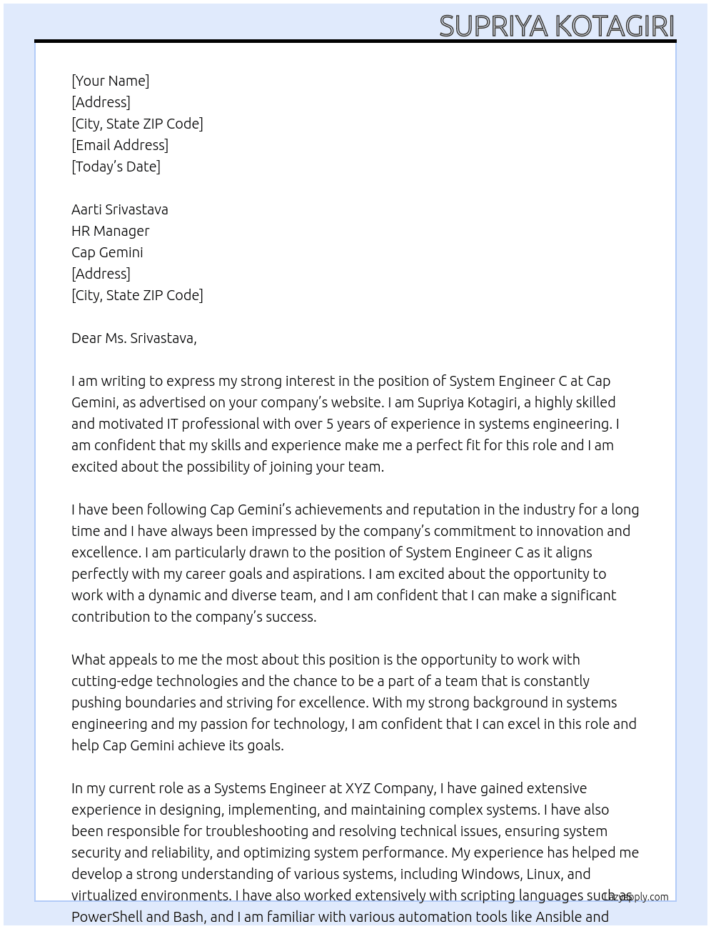 System Engineer C At Cap Gemini Cover Letter