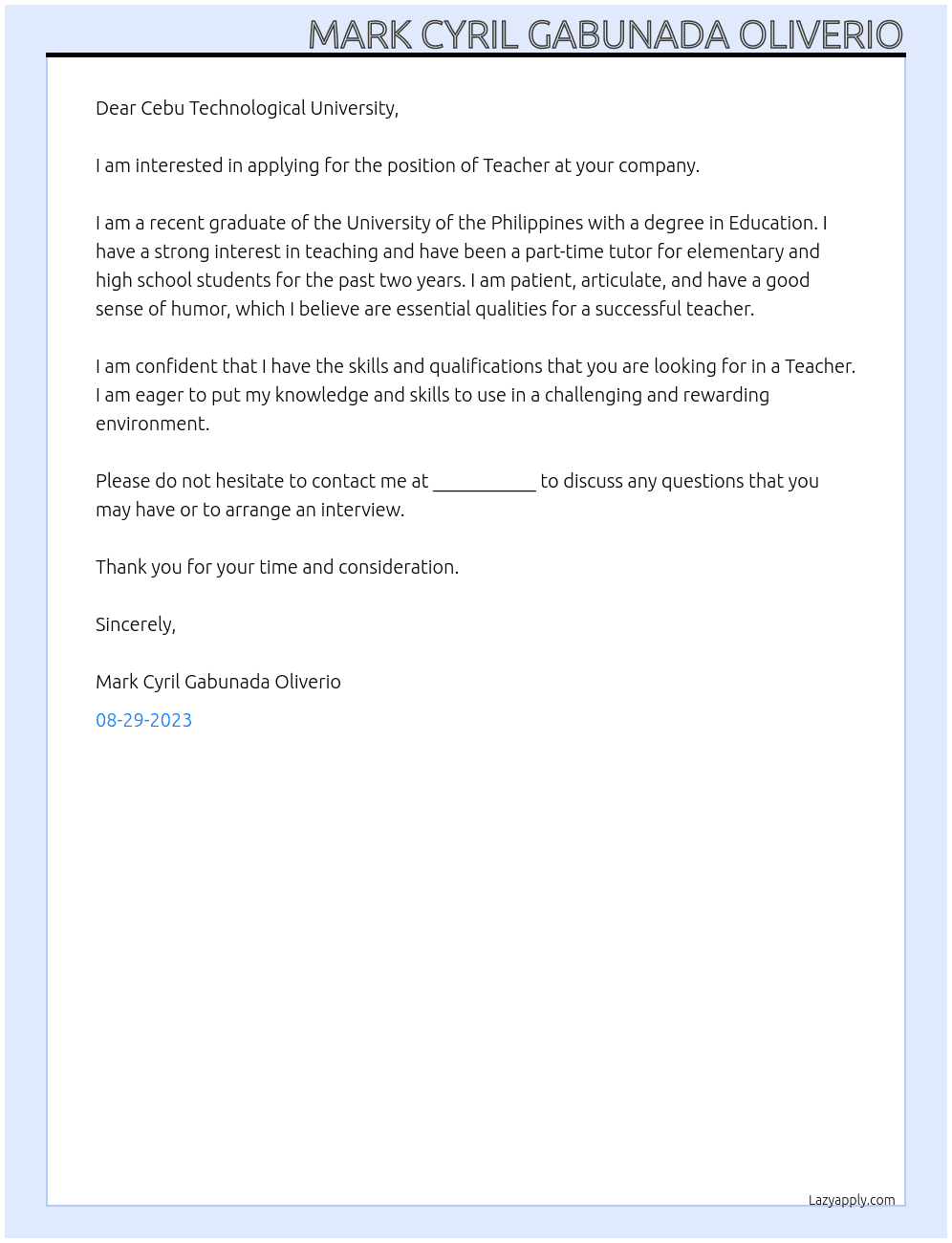 Teacher At Cebu Technological University Cover Letter