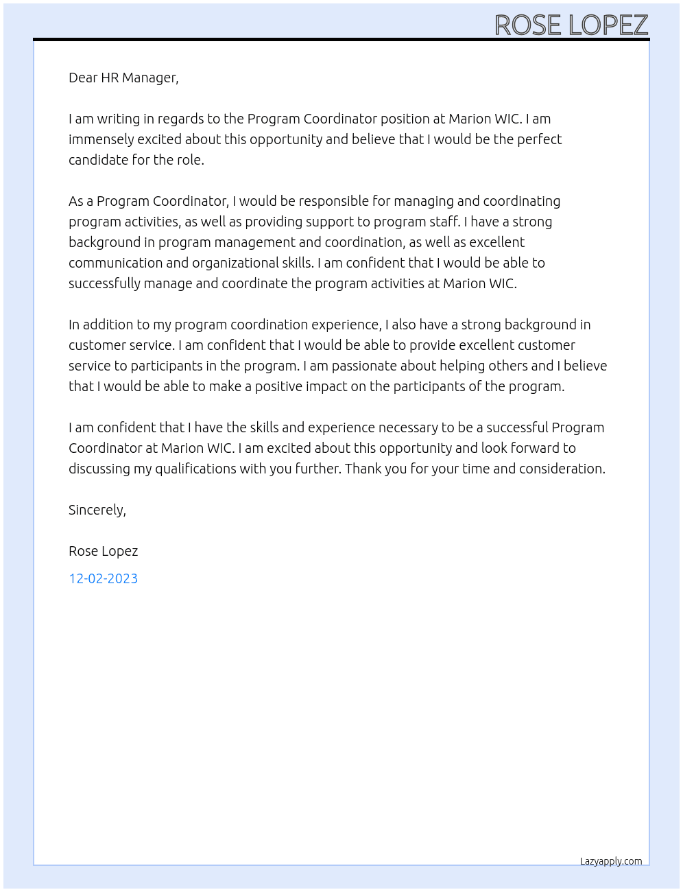 Program Coordinator At Marion WIC Cover Letter
