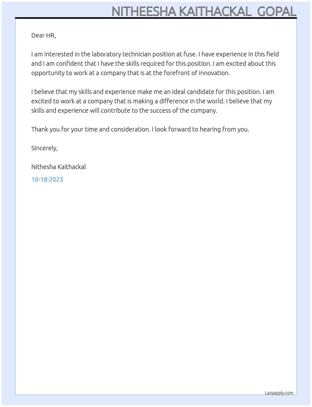 laboratory technician At fuse Cover Letter