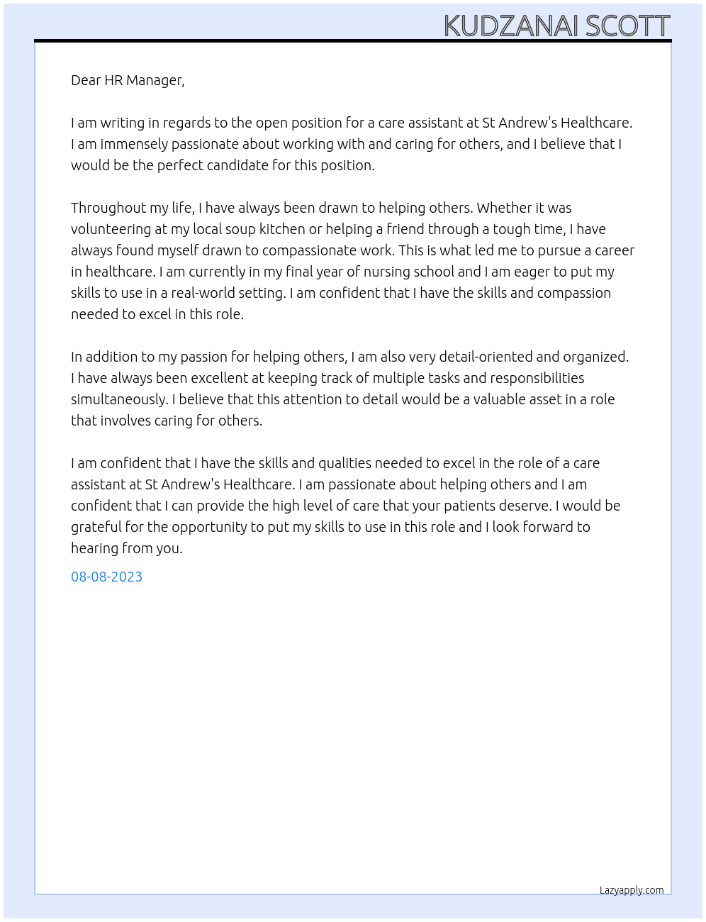 CARE ASSISTANT At St Andrew's Healthcare Cover Letter