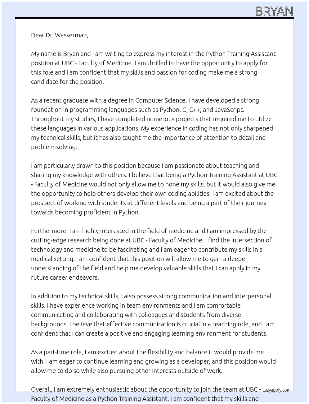 Python Training Assistant At UBC - Faculty of Medicine Cover Letter