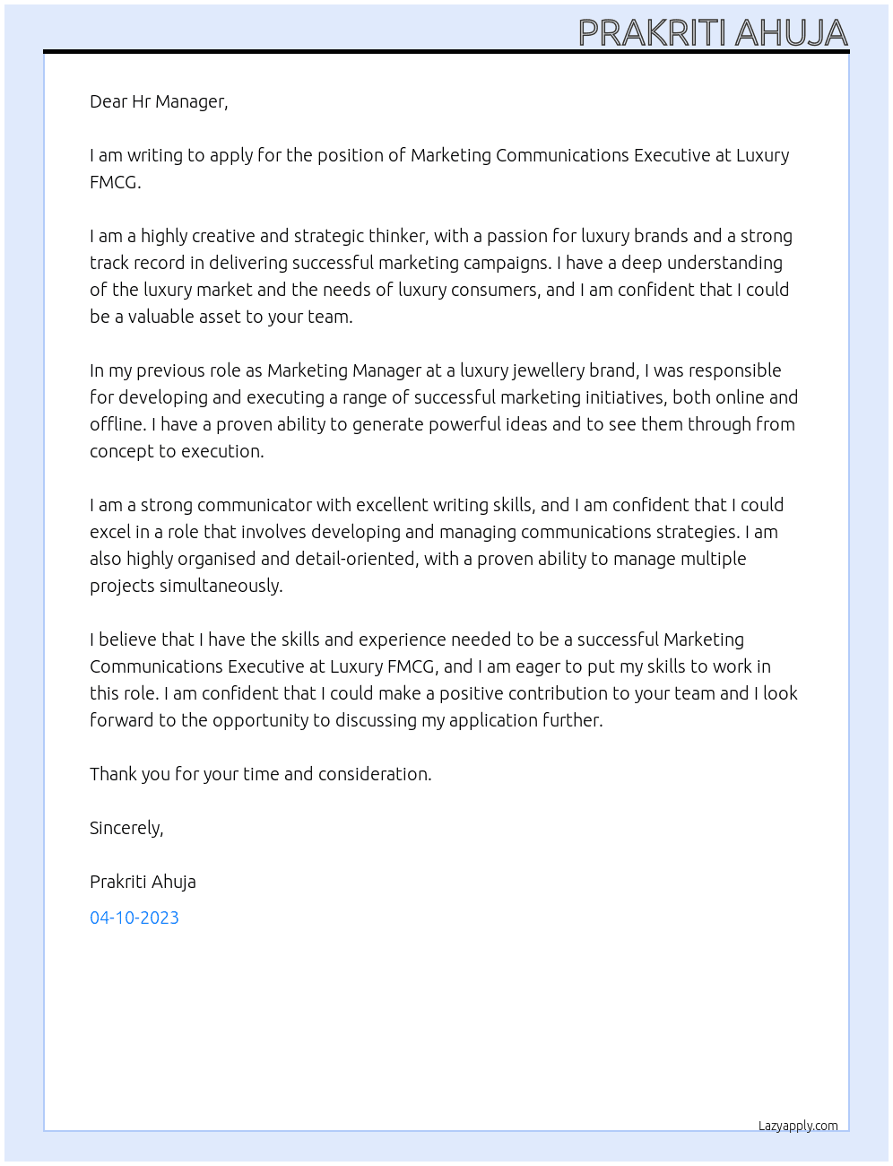 Marketing Communications Executive At Luxury FMCG Cover Letter