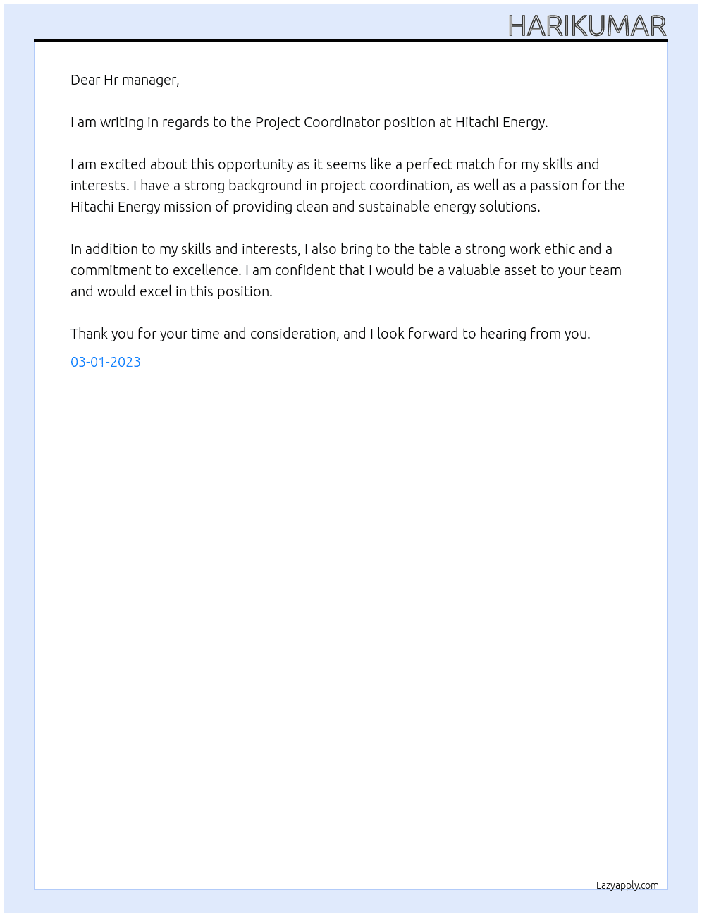 Project Coordinator  At Hitachi energy  Cover Letter