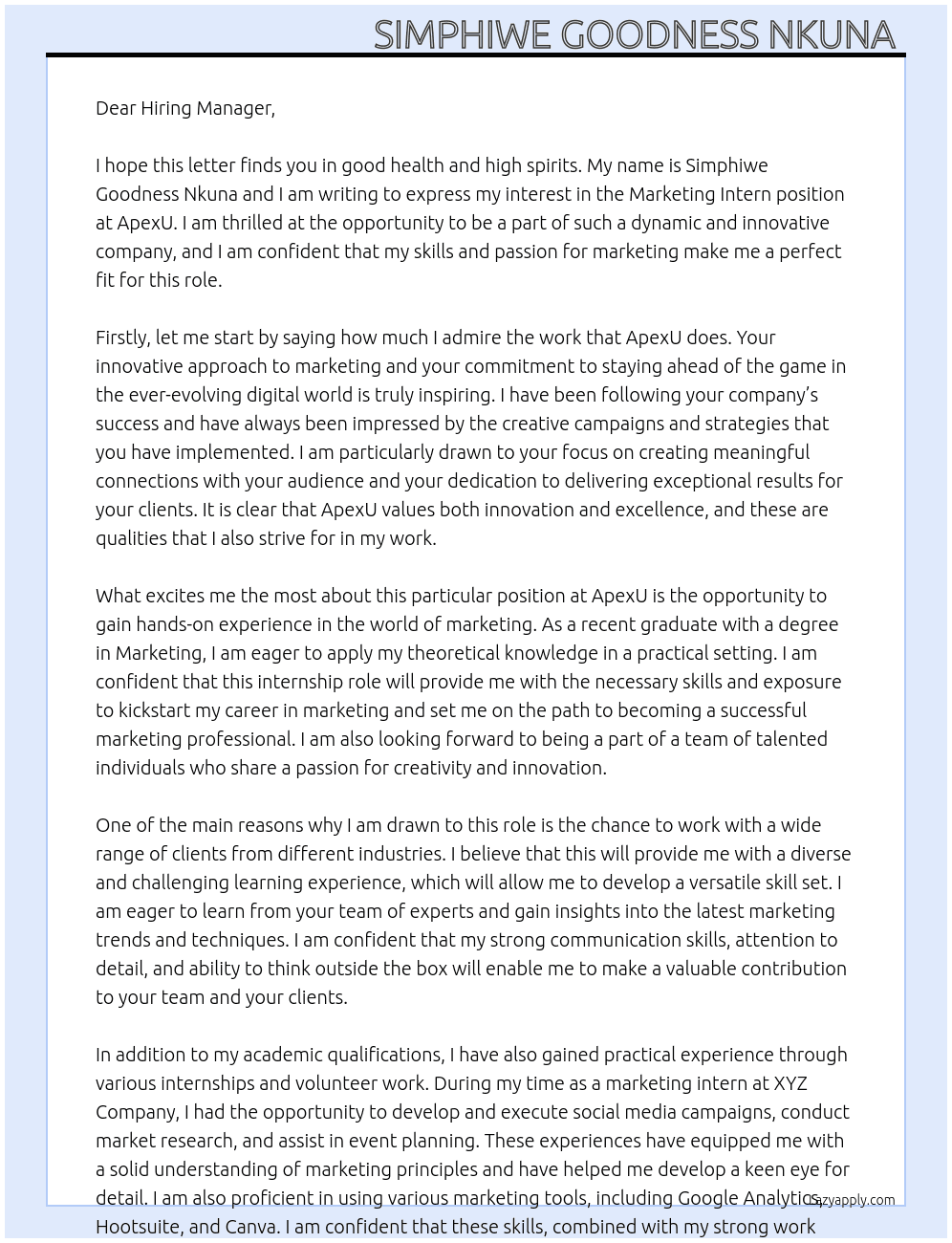 Marketing intern  At ApexU Cover Letter