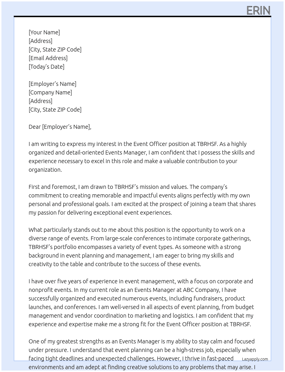 Event Officer At TBRHSF Cover Letter