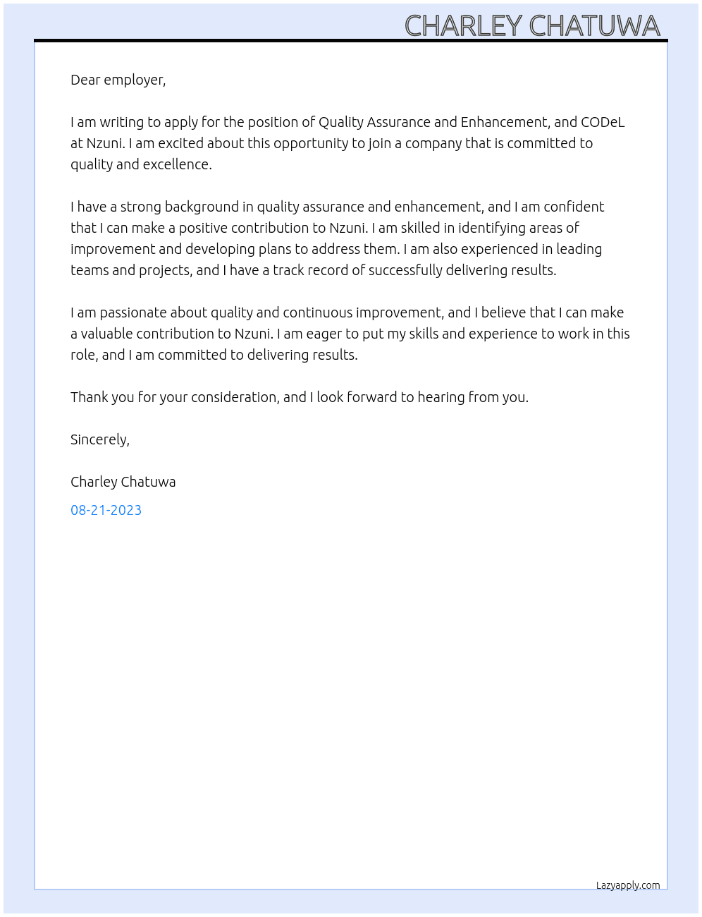 QUALITY ASSURANCE AND ENHANCEMENT, AND CODeL At Nzuni Cover Letter