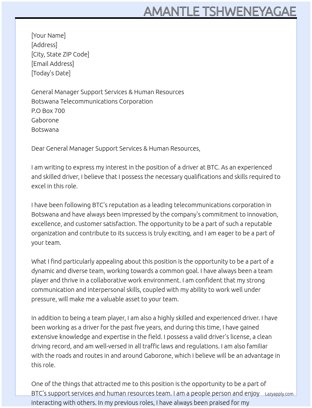 driver At BTC Cover Letter