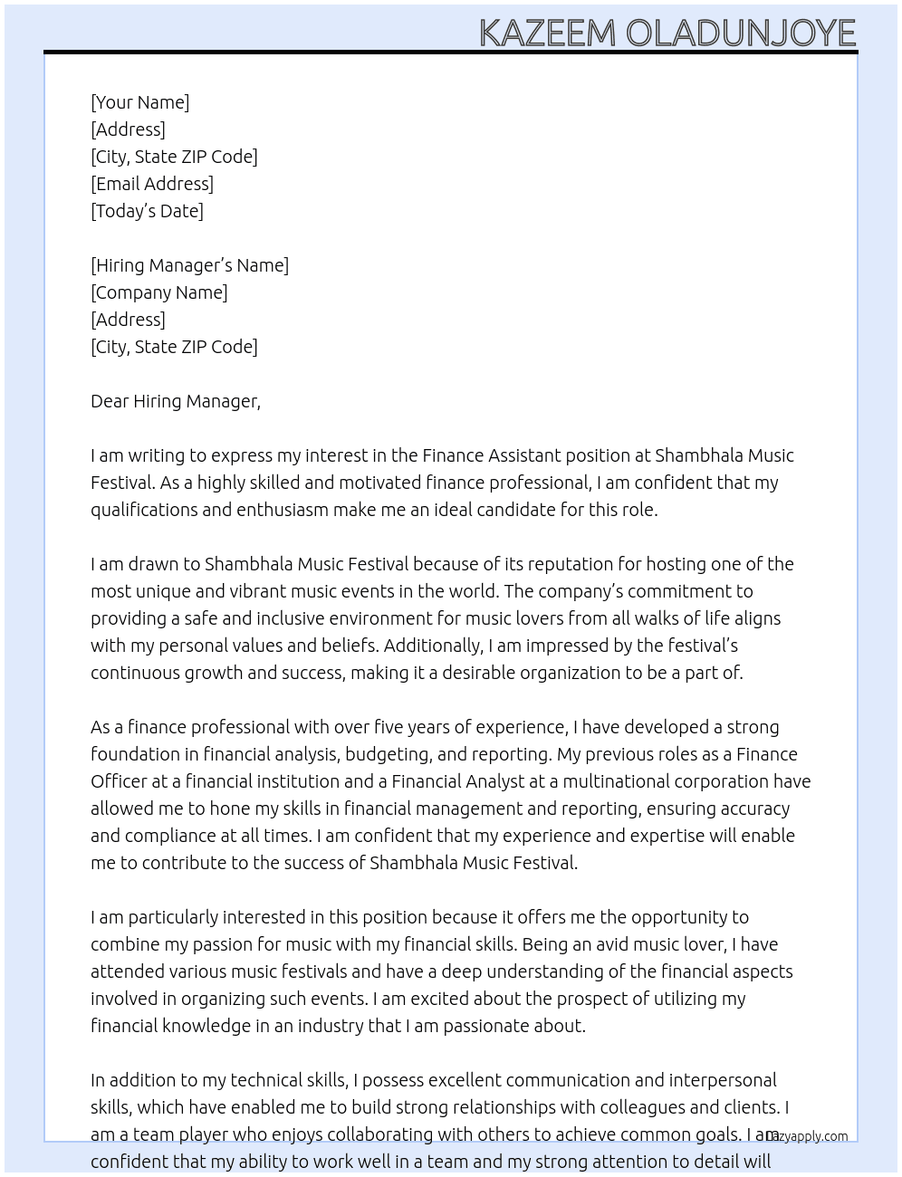 finance assistance At Shambhala Music Festival Cover Letter