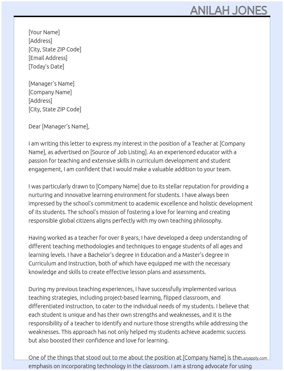 Teacher At A school Cover Letter