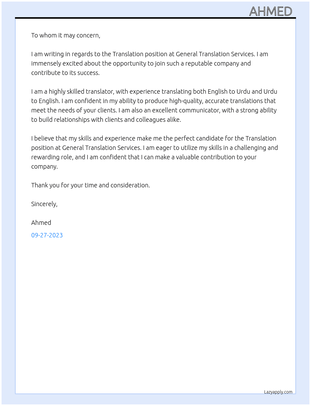 Translation  At General Translation Services Cover Letter