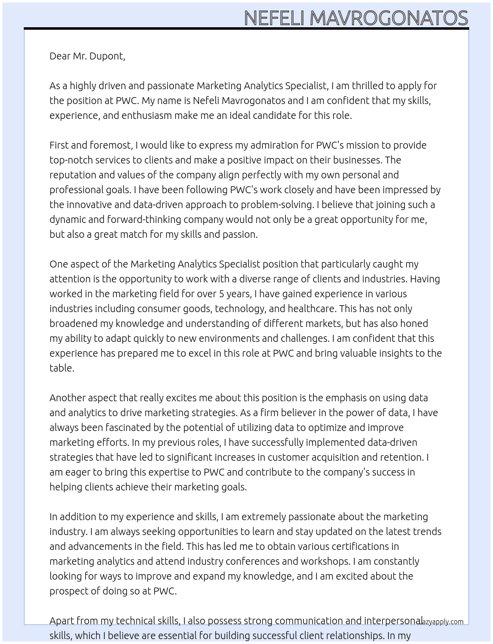 Marketing analytics specialist At PWC Cover Letter
