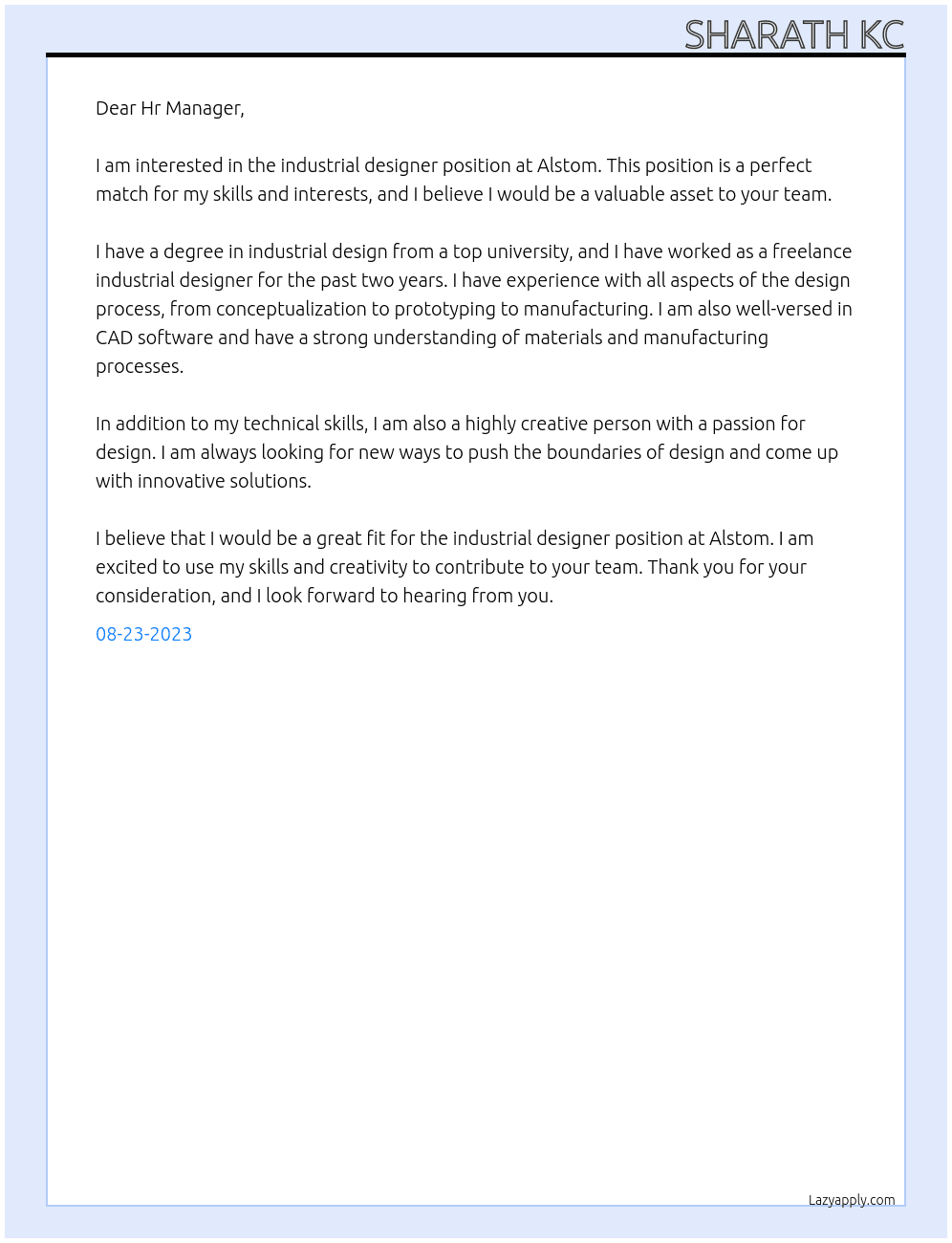 industrial designer At Alstom Cover Letter