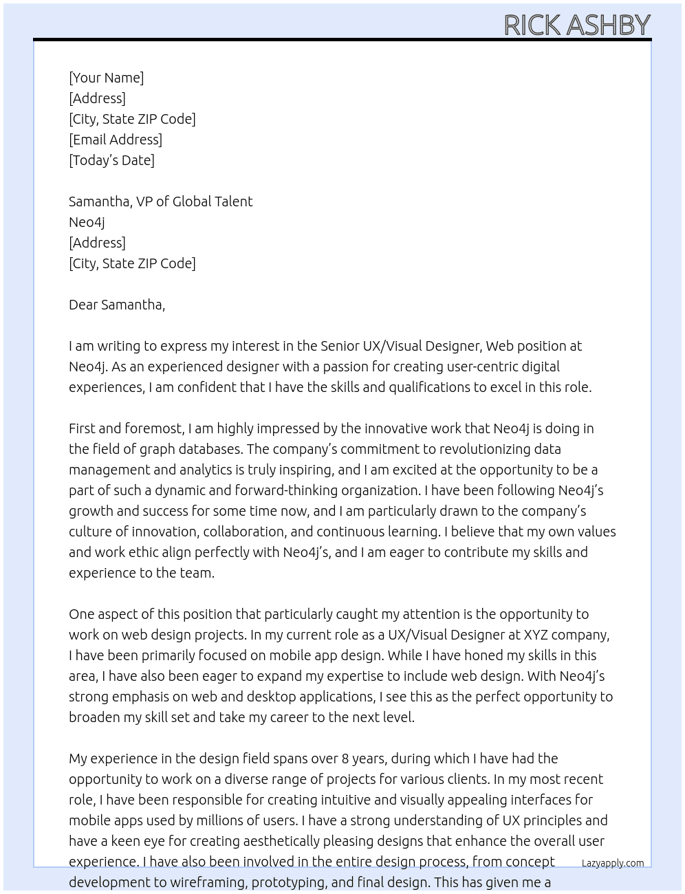 Senior UX/Visual Designer, Web At neo4j Cover Letter