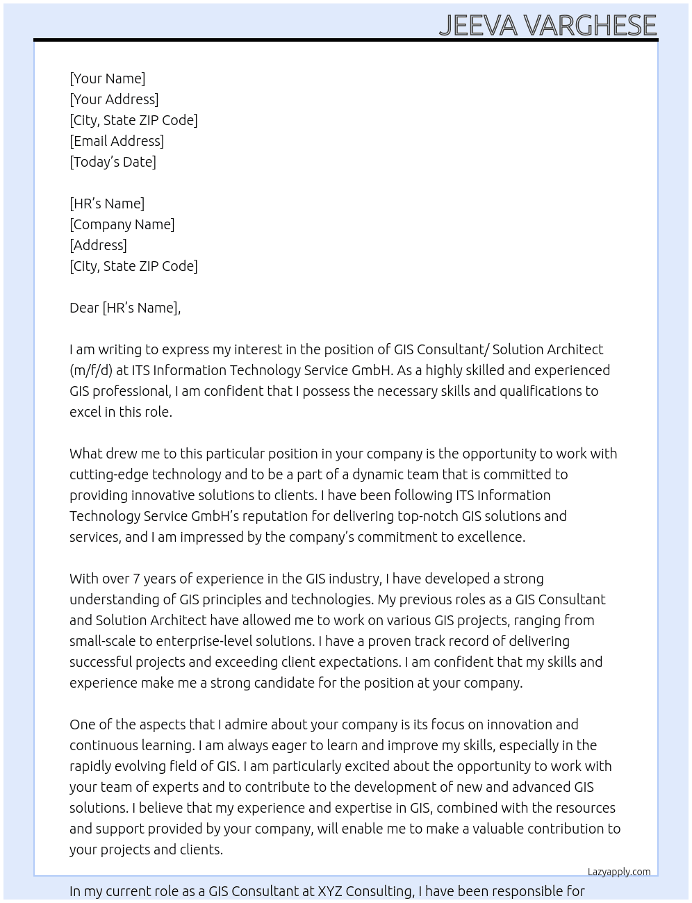 GIS Consultant/ Solution Architect (m/f/d) At ITS Information Technology Service GmbH Cover Letter