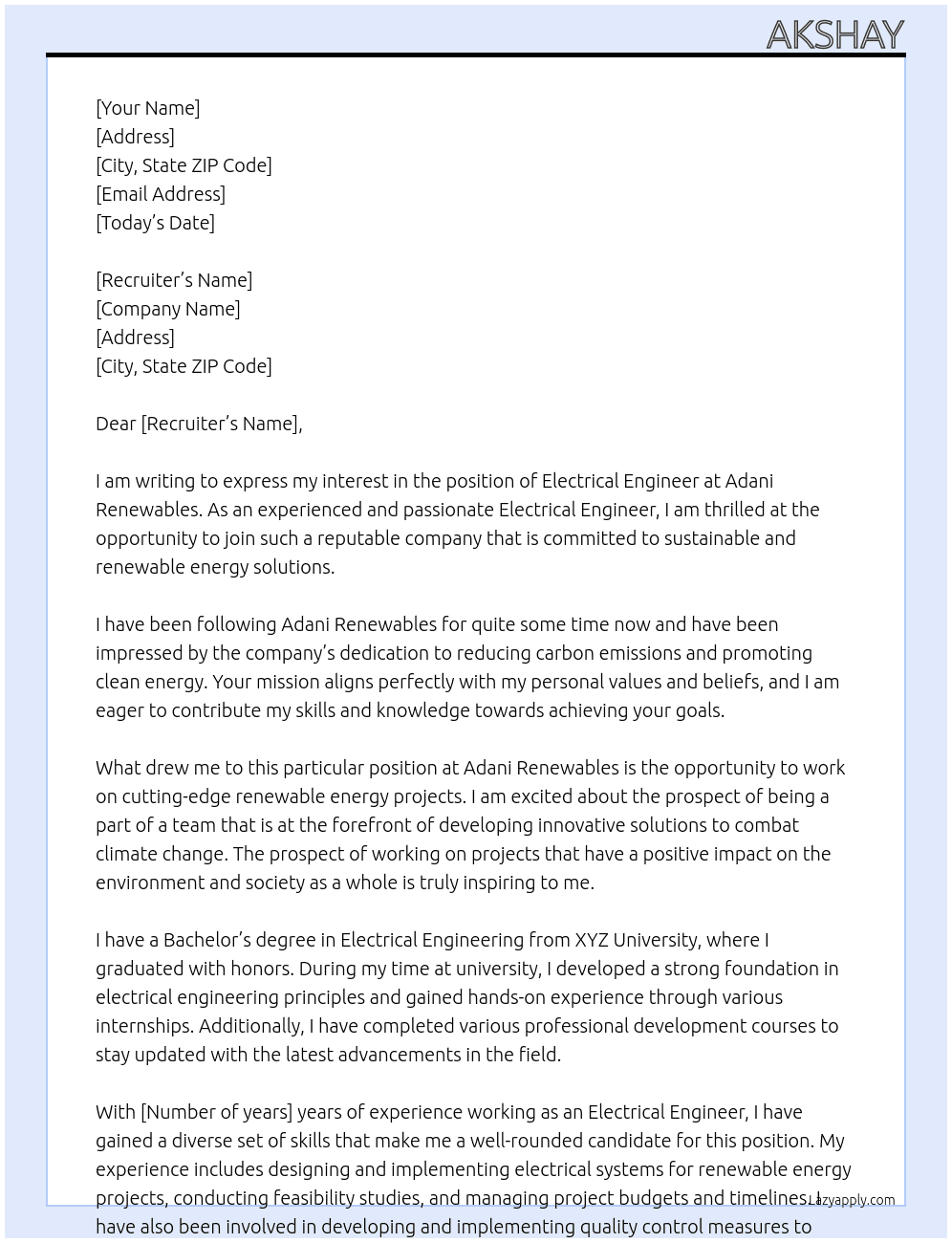 electrical engineer At adani renewables Cover Letter