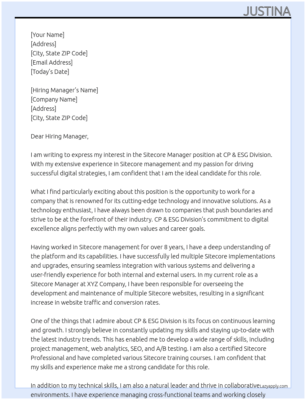 Sitecore Manager At CP & ESG Division Cover Letter