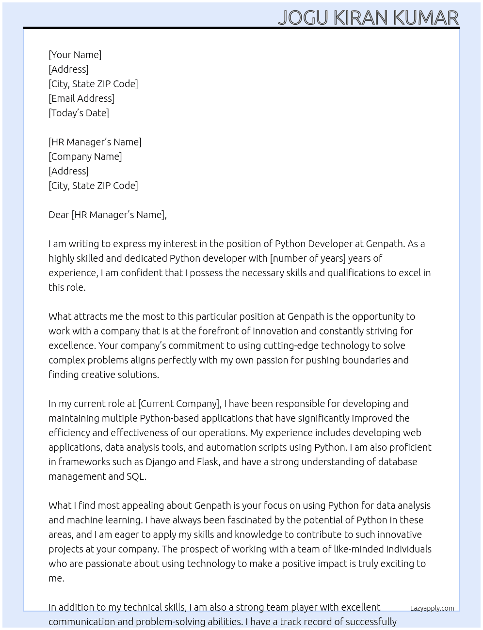 Python developer  At Genpath  Cover Letter