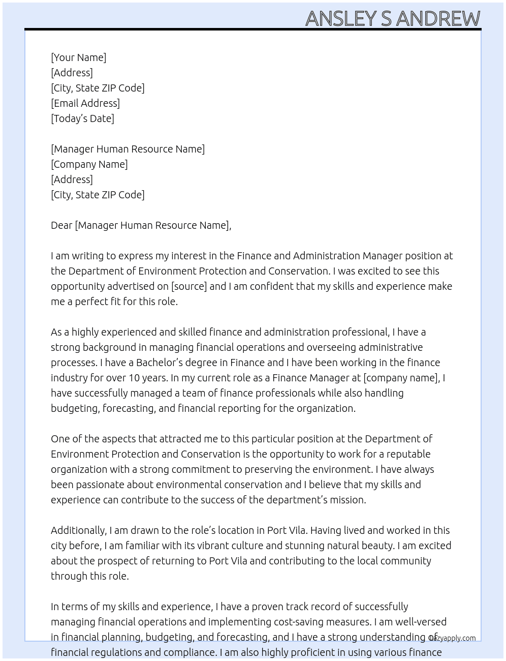 finance and administration At Department of Environment Protection and Conservation Cover Letter