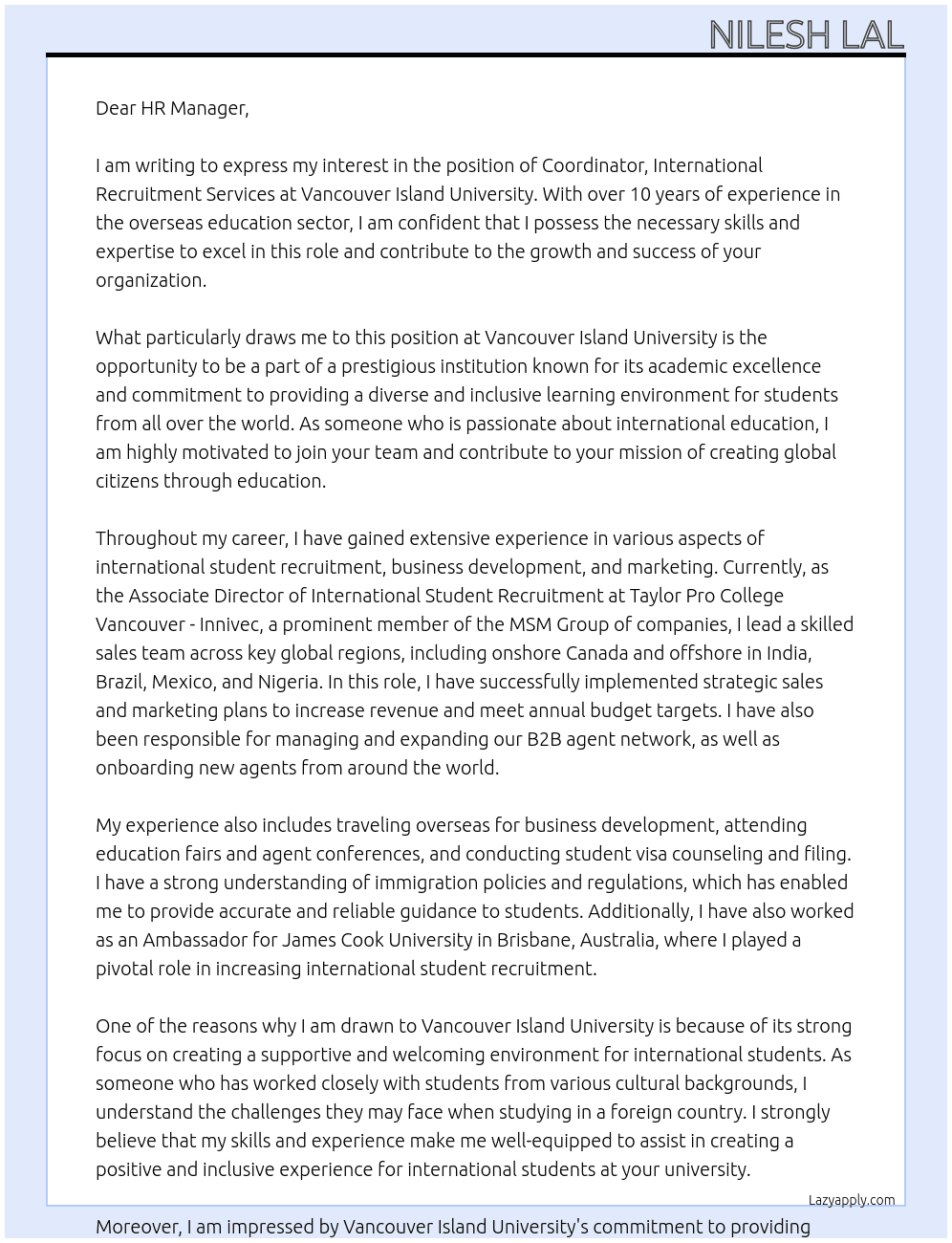 Coordinator, International Recruitment Services At Vancouver Island University Cover Letter