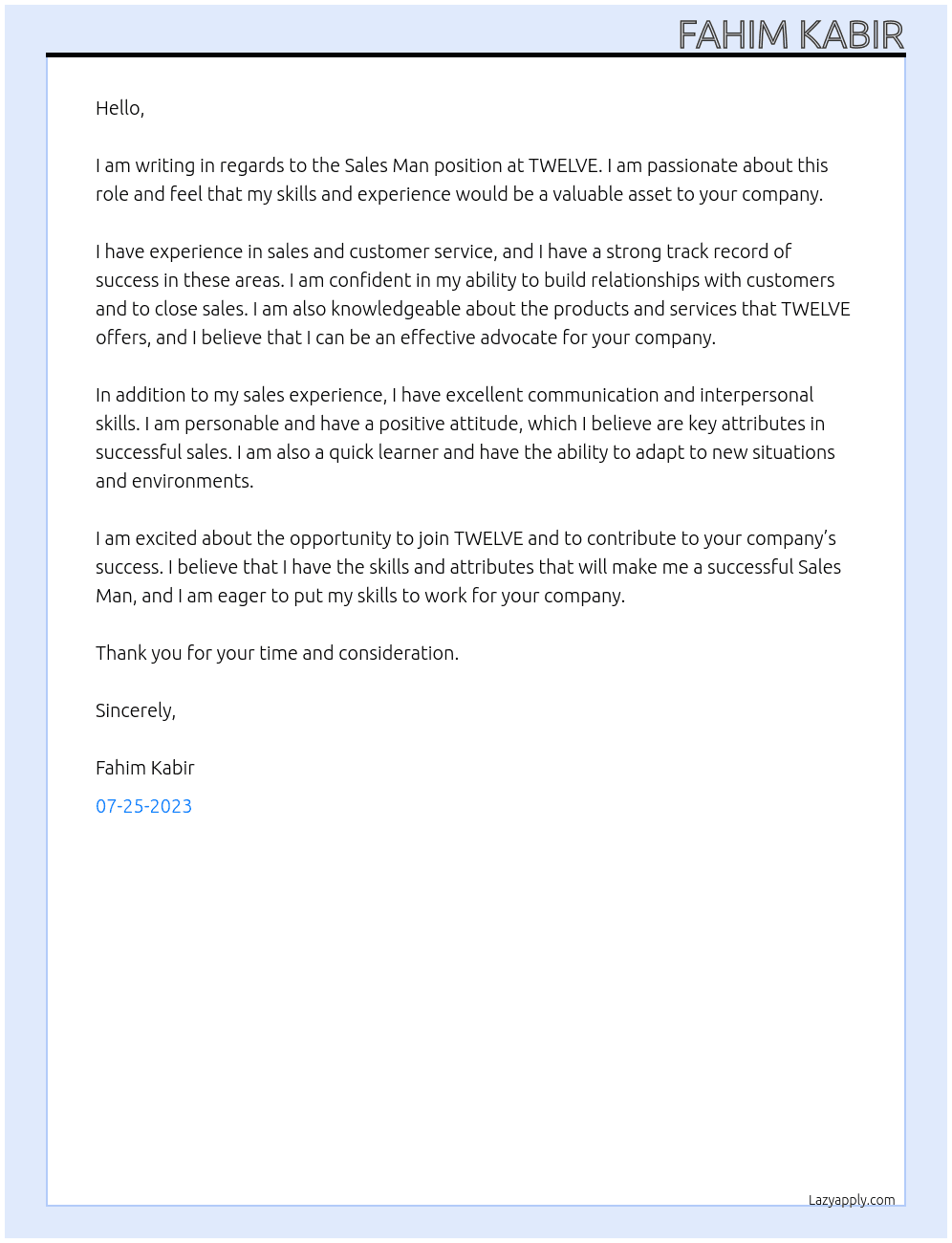 Sales Man At TWELVE Cover Letter