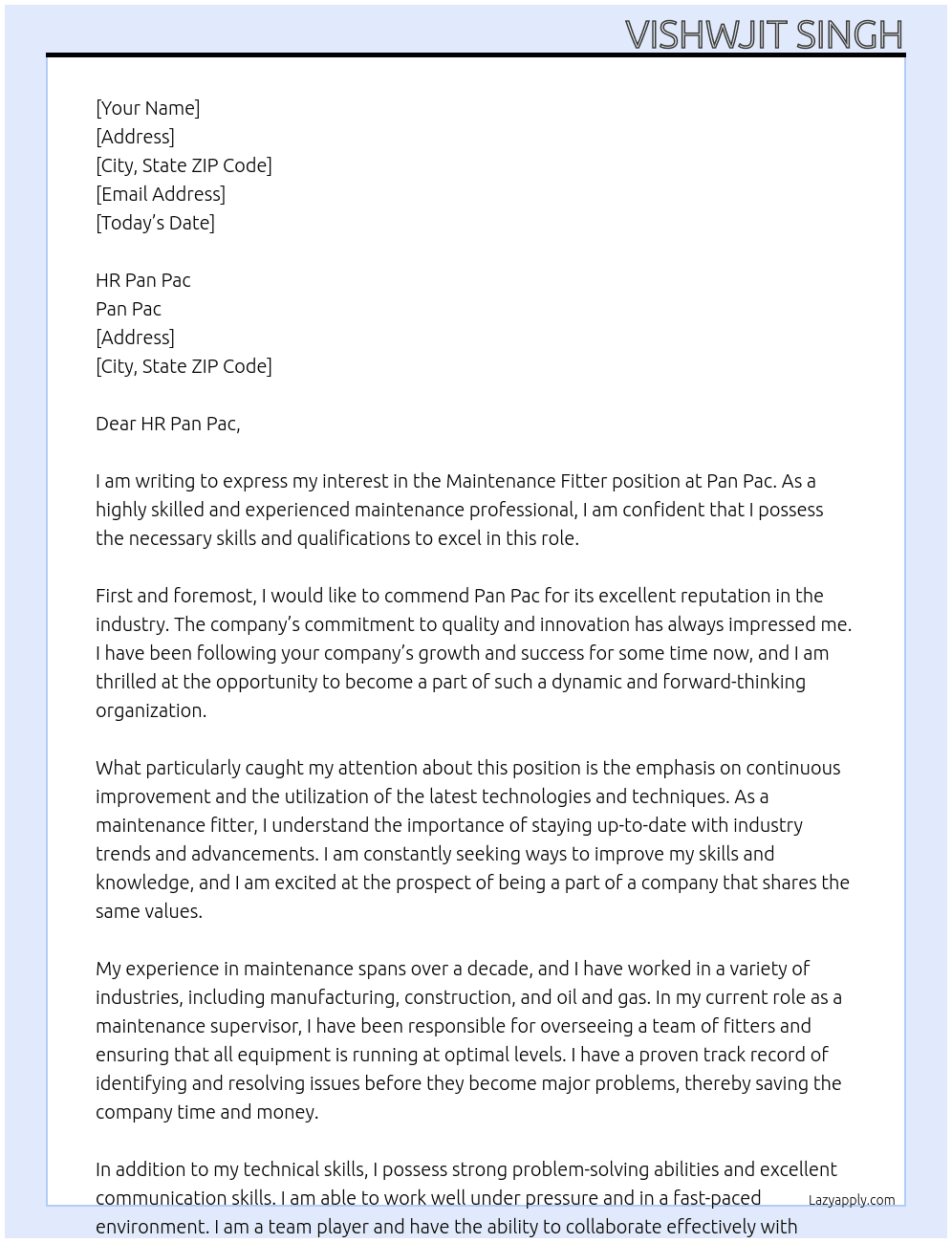 Maintenance fitter  At Pan Pac Cover Letter