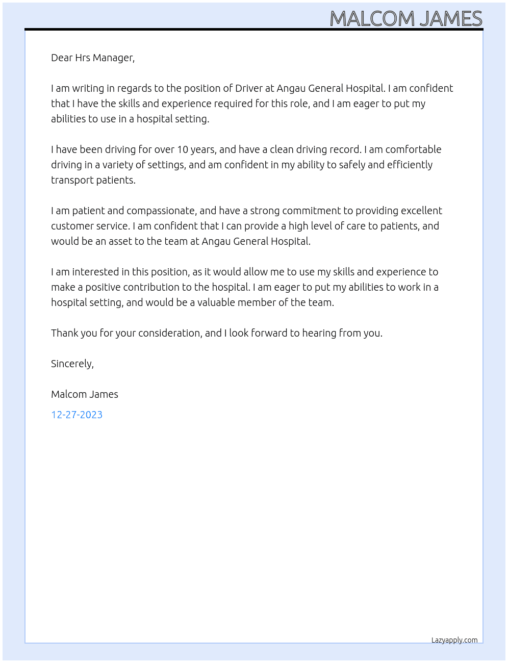 Driver At Angau General Hospital  Cover Letter