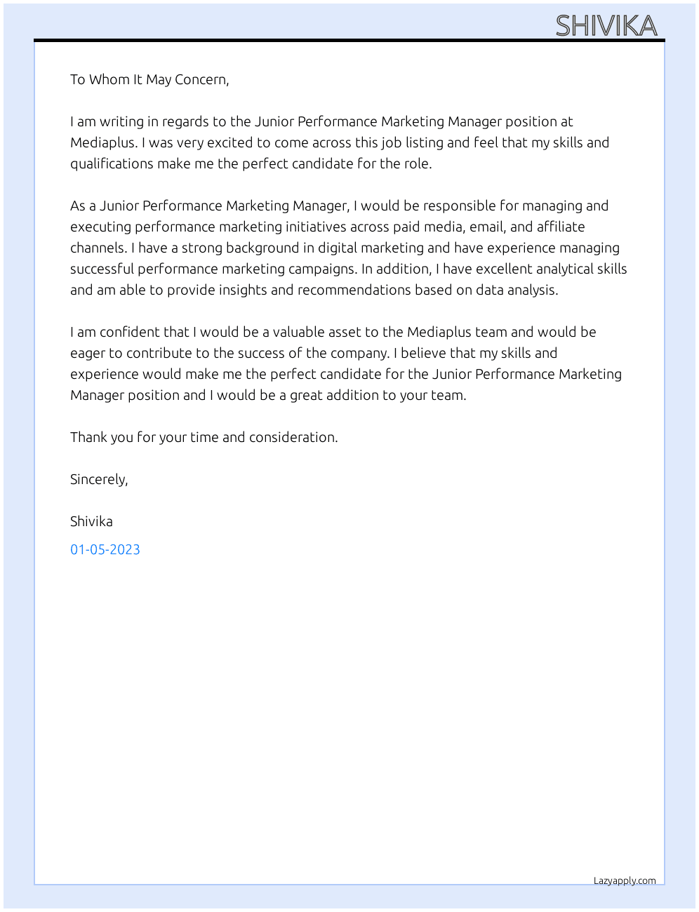 Junior Performance Marketing Manager  At Mediaplus Cover Letter