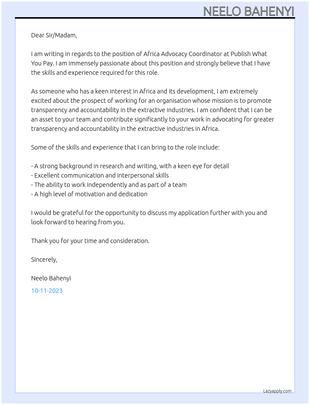 Africa Advocacy Coordinator At Publish What You Pay Cover Letter
