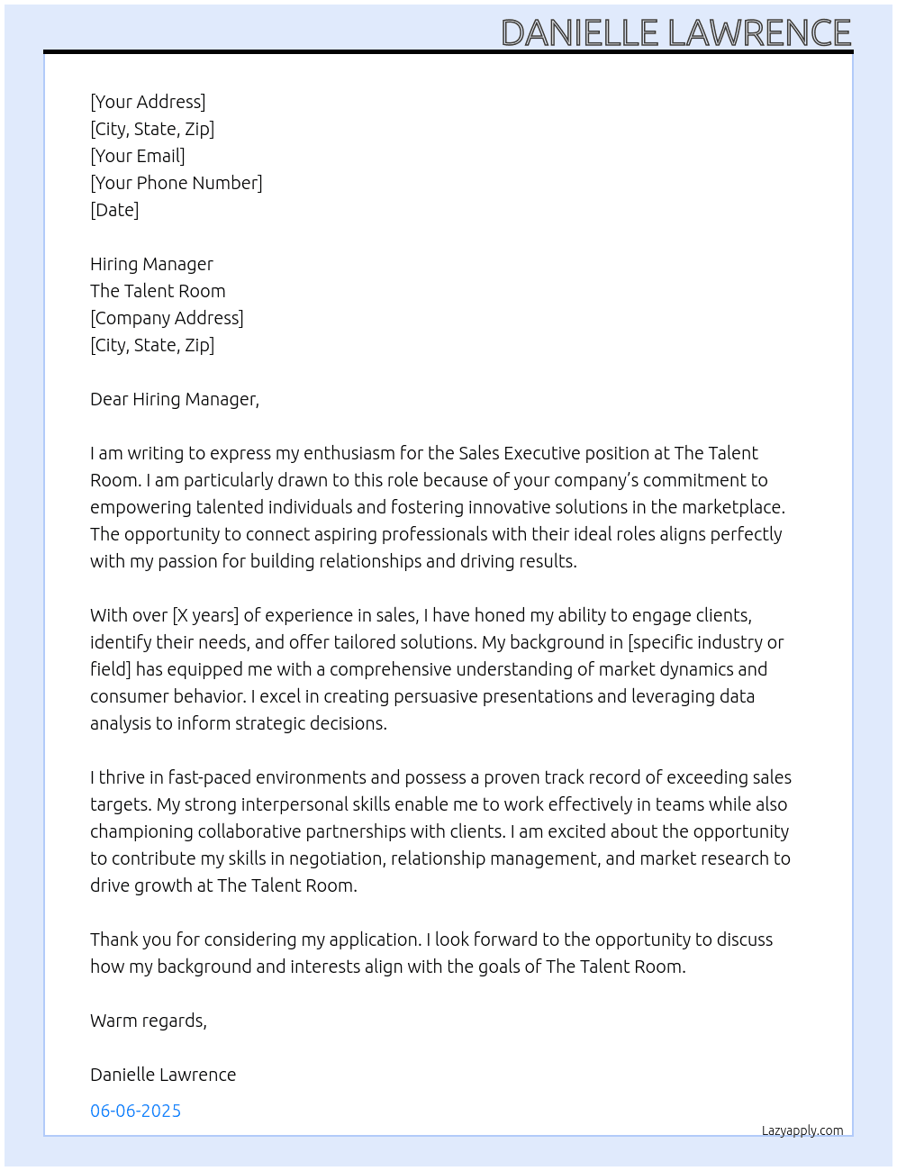 Sales Executive At The talent room Cover Letter