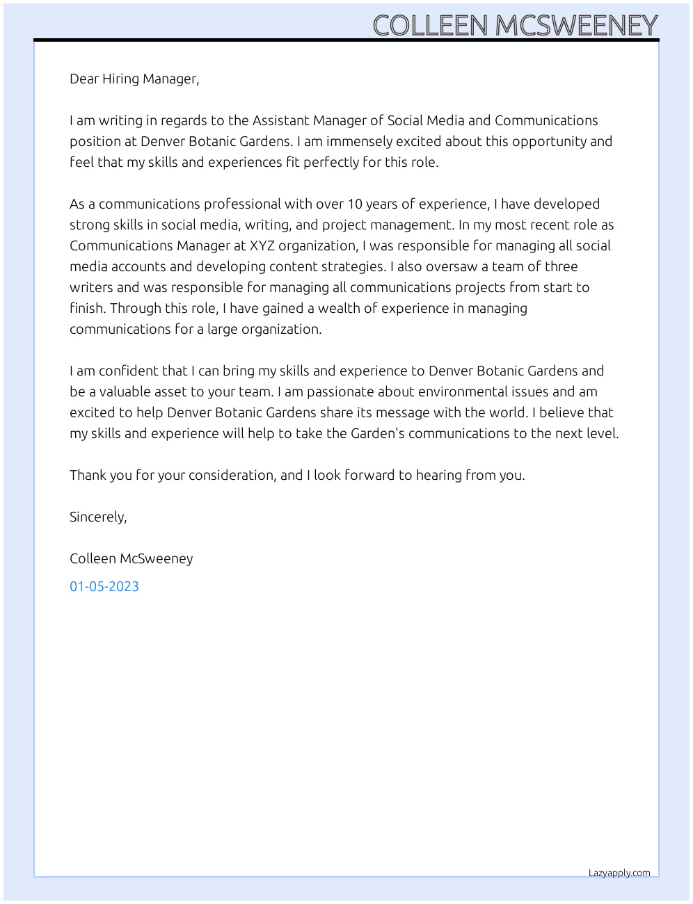 Assistant Manager of Social Media and Communications At Denver Botanic Gardens Cover Letter