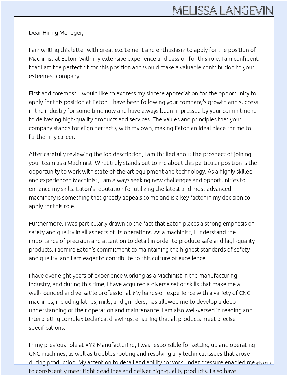 Machinist At Eaton Cover Letter