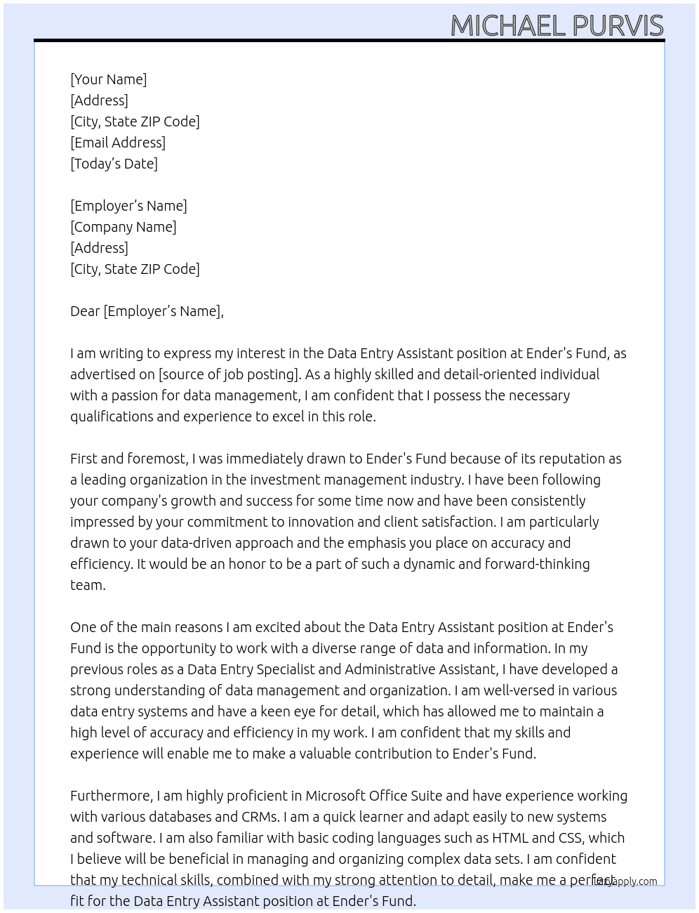 Data Entry Assistant At Ender's Fund Cover Letter