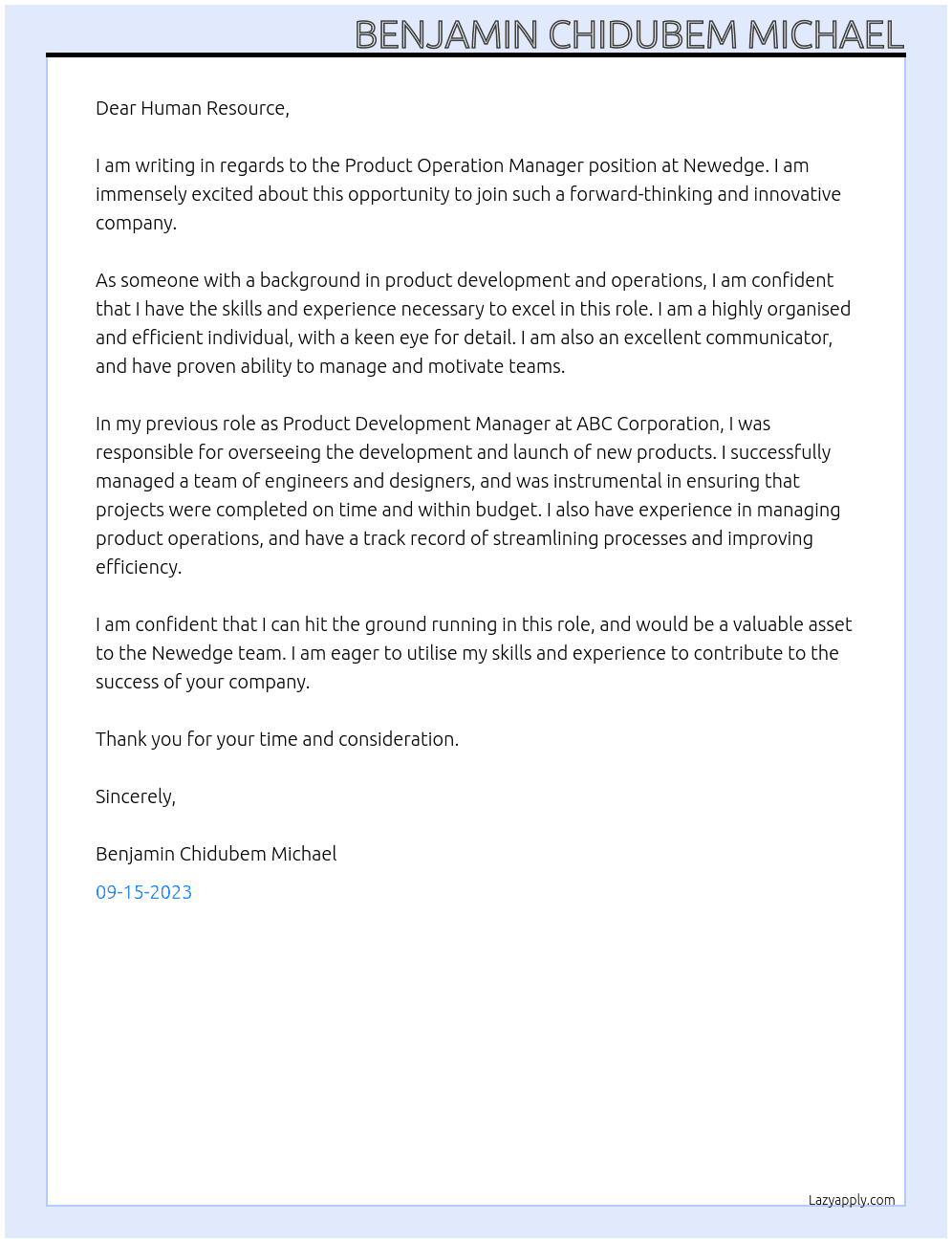 Product Operation Manager At Newedge Cover Letter