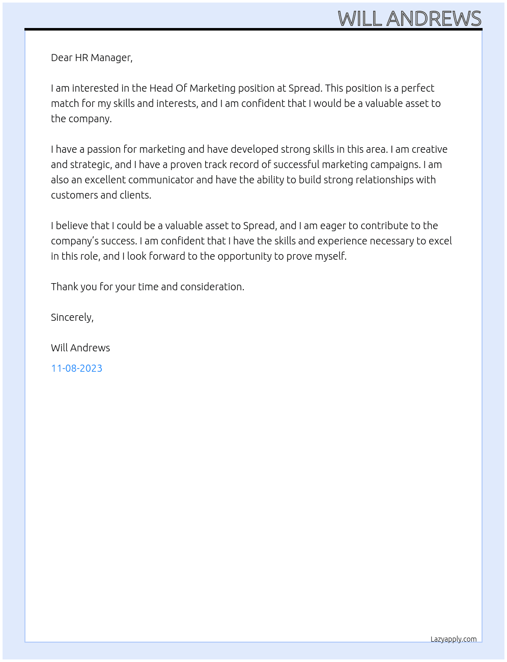 Head Of Marketing At Spread Cover Letter