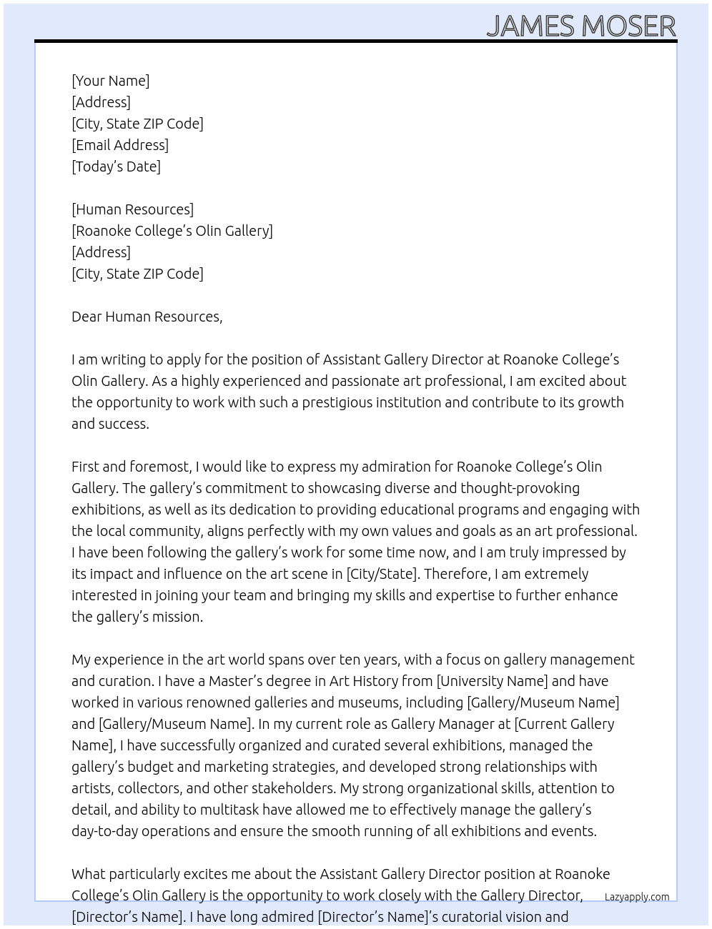 Assistant Gallery Director At Roanoke College's Olin Gallery Cover Letter