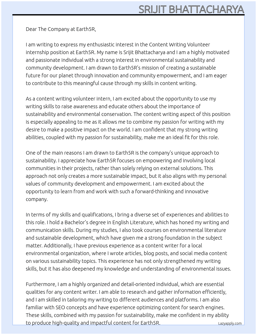  Content Writing Volunteer internship At Earth5R Cover Letter