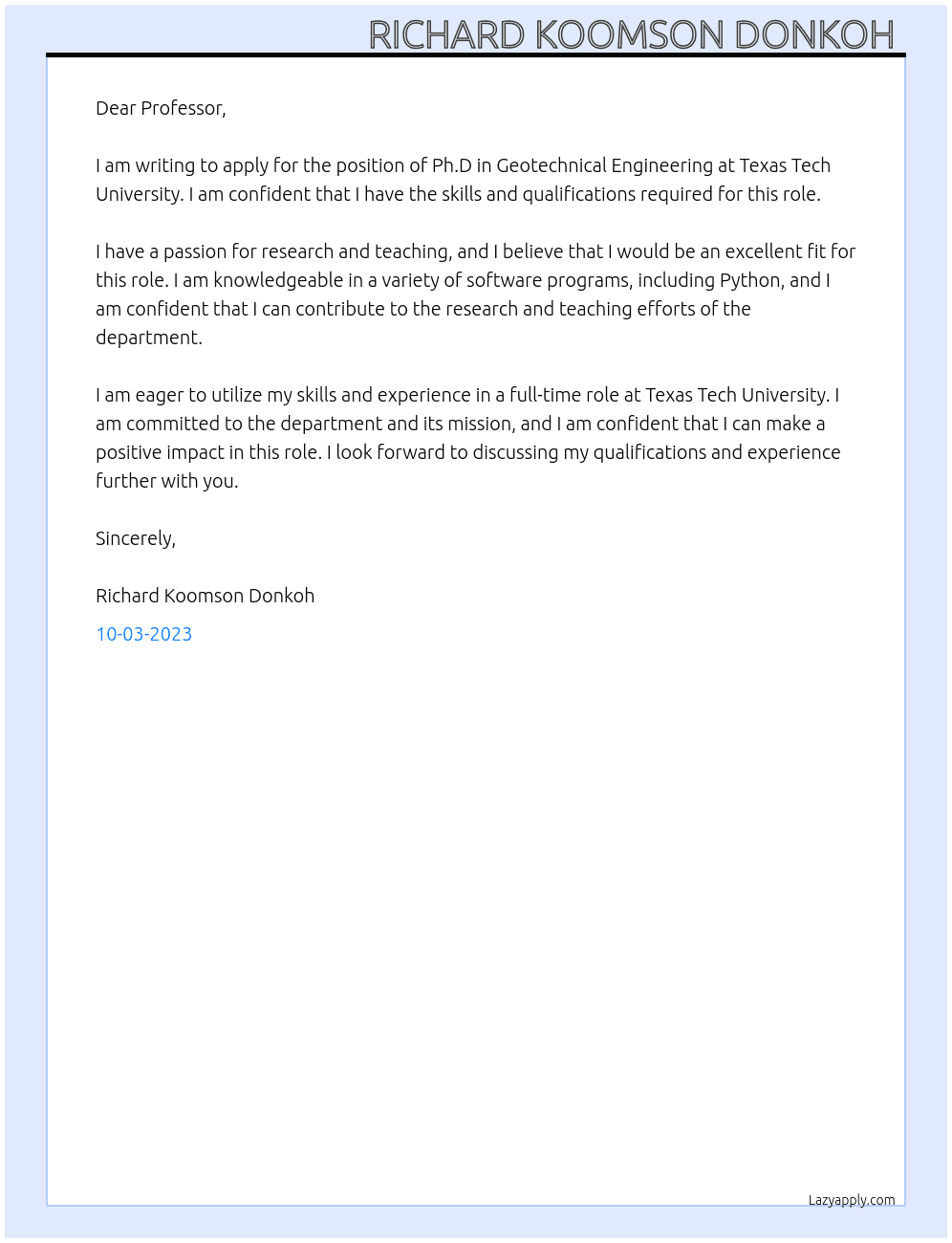 Ph.D in Geotechnical Engineering  At Texas Tech University  Cover Letter
