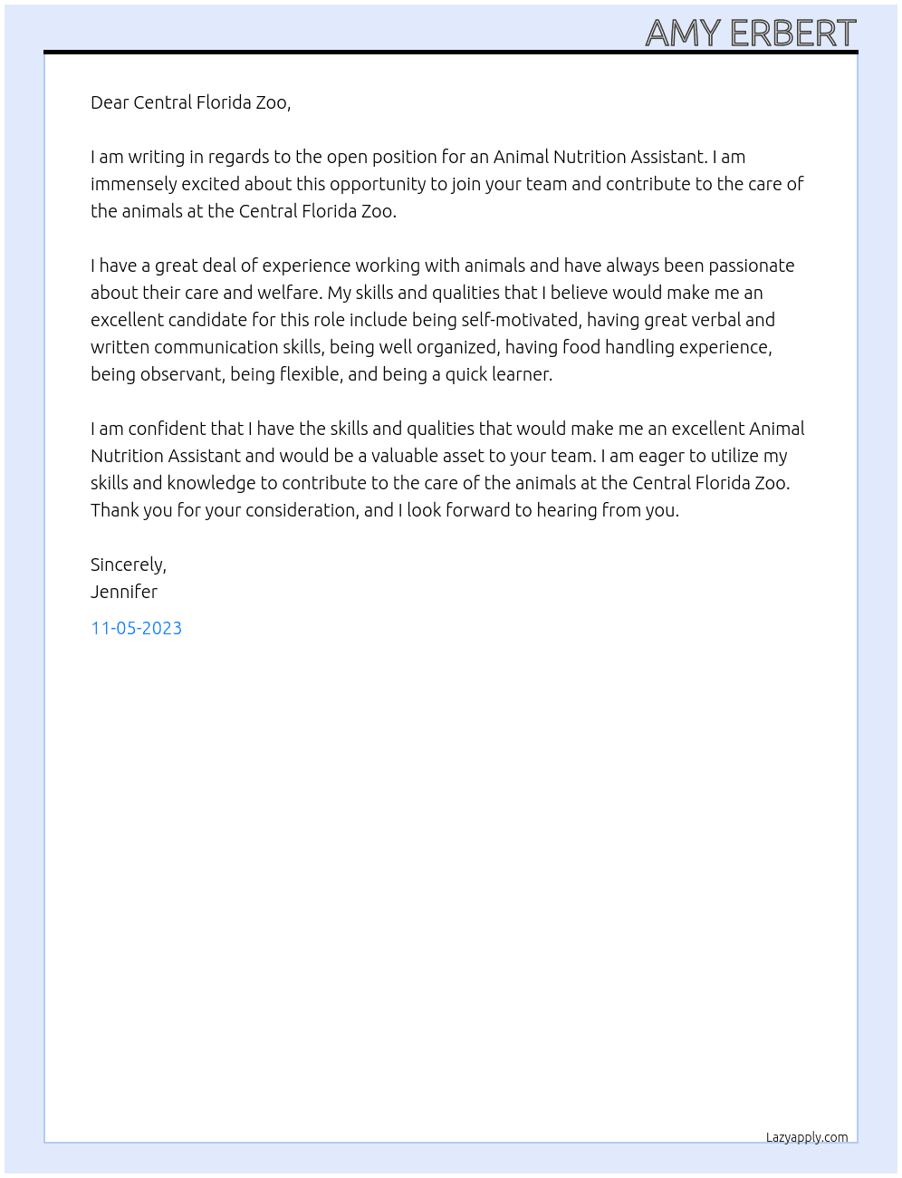 Animal Nutrition Assistant At Central Florida Zoo Cover Letter