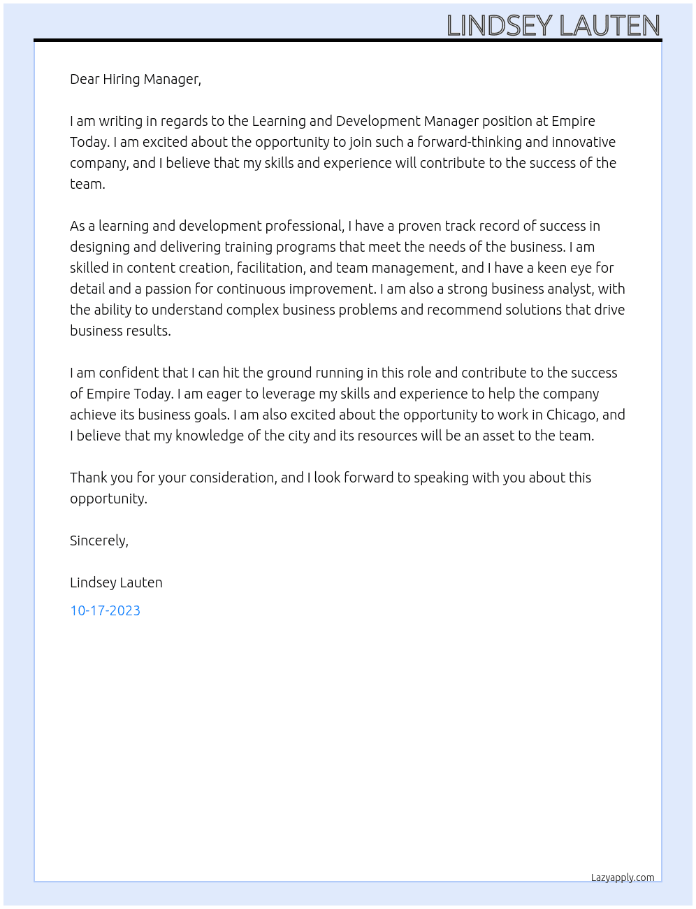 Learning and Development Manager At Empire Today Cover Letter