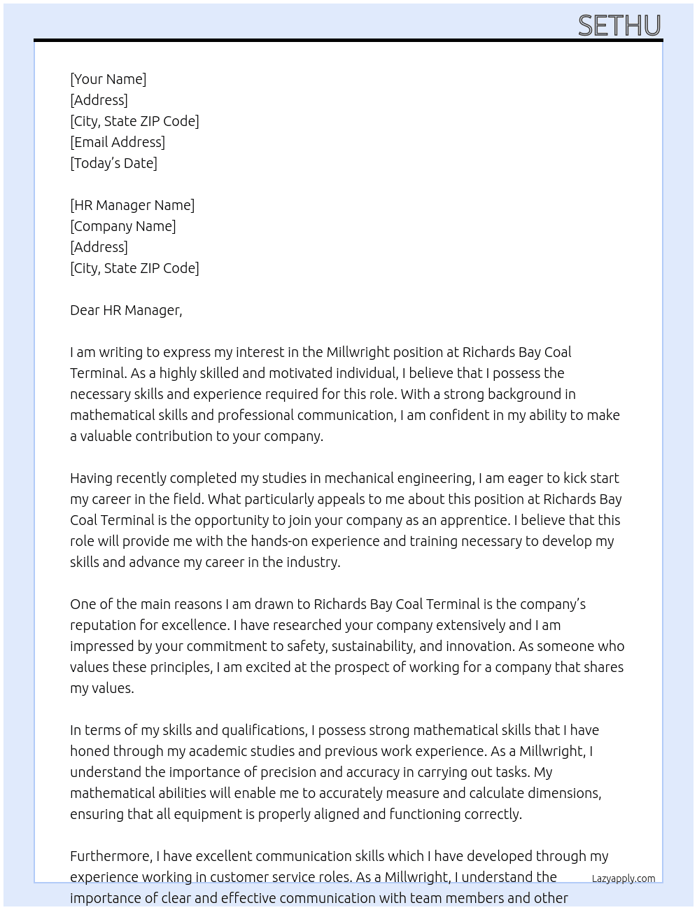 Millwright At Richards Bay Coal Terminal Cover Letter