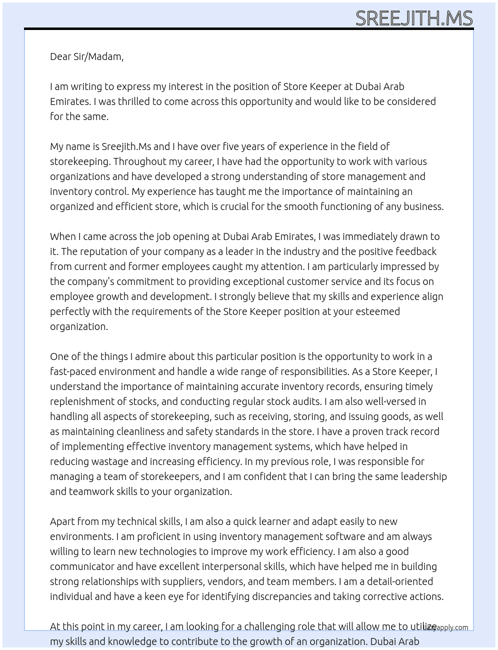 Store Keeper At Dubai Arab Emirates Cover Letter