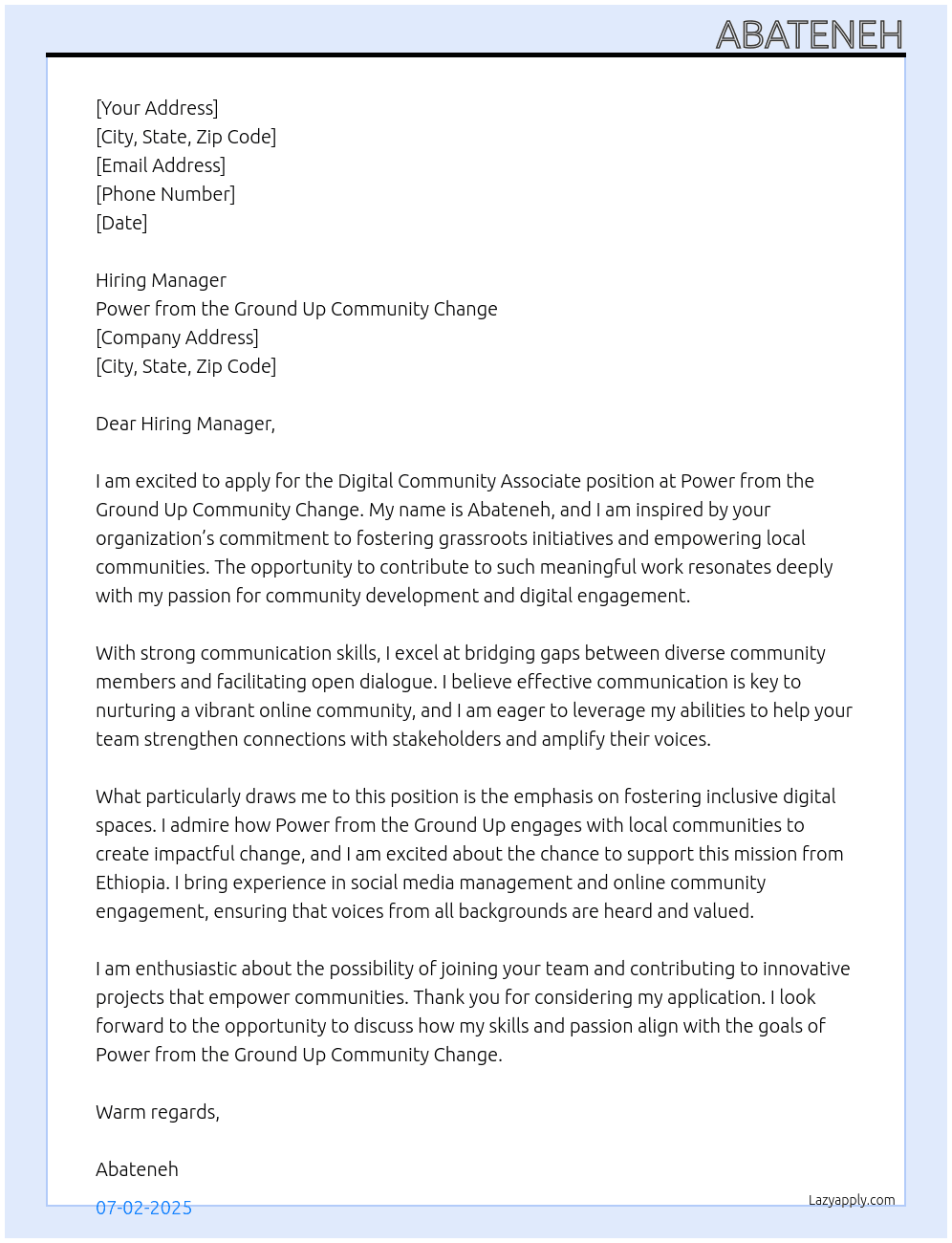 digital community asssocite At power from the ground up community change Cover Letter