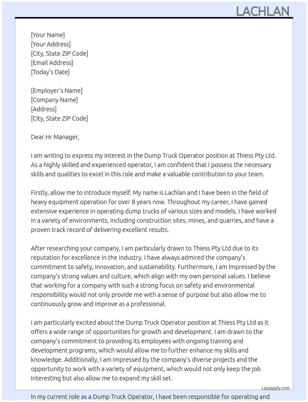 Dump truck operator At Thiess Pty Ltd Cover Letter
