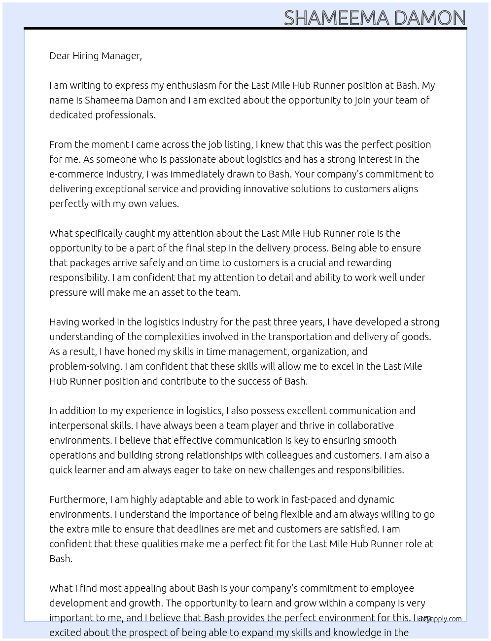 Last Mile Hub Runner  At Bash Cover Letter