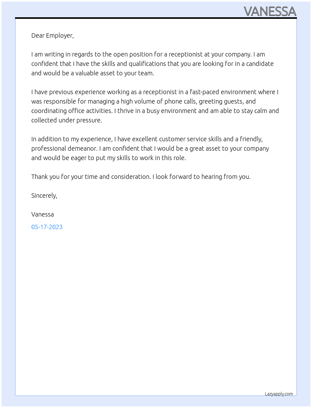 Receptionist At Confidential Cover Letter