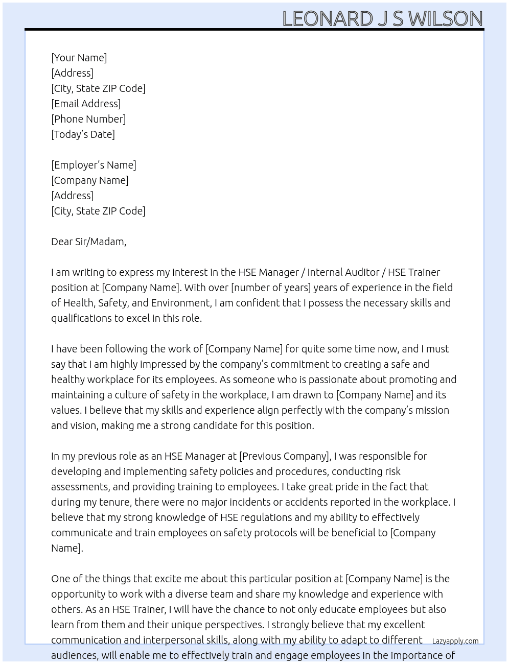 HSE Manager / Internal Auditor/ HSE Trainer  At All companies  Cover Letter