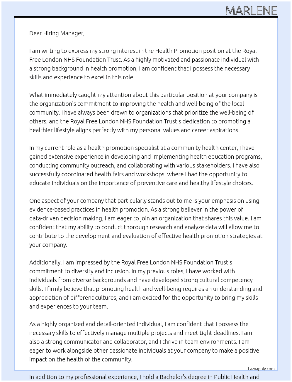 Health promotion  At  the Royal Free London NHS Foundation Trust  Cover Letter